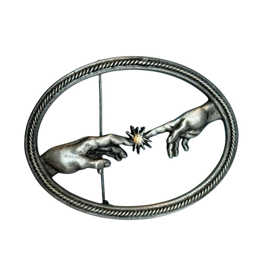 J.J. Reaching Hands Starburst Brooch – Pewter Tone – 2.75”